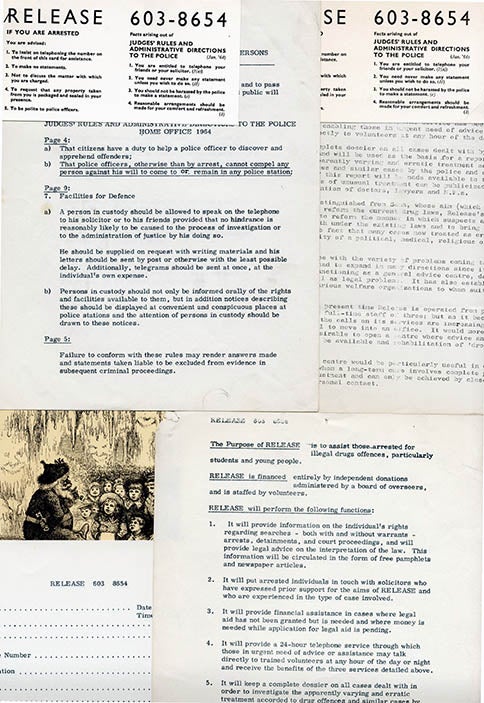 Item #39650 A small group of items relating to Release, the drug advice and referral agency co-founded in London in July 1967 by Caroline Coon. RELEASE.