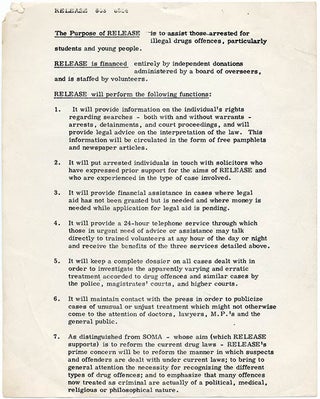 A small group of items relating to Release, the drug advice and referral agency co-founded in London in July 1967 by Caroline Coon.