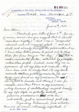 Three autograph letters signed from David Solomon to Steve Abrams, sent from H.M. Prison, Bristol, dated April 20 and June 12, 1977 (the third letter is undated).