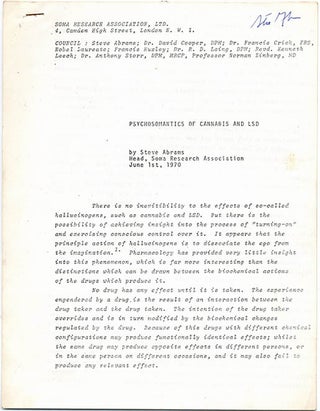 A comprehensive collection of publications and documents issued by SOMA, the drug research project founded in London by Steve Abrams that campaigned for cannabis law reform.