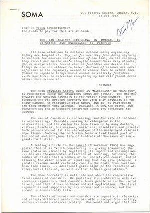 A comprehensive collection of publications and documents issued by SOMA, the drug research project founded in London by Steve Abrams that campaigned for cannabis law reform.