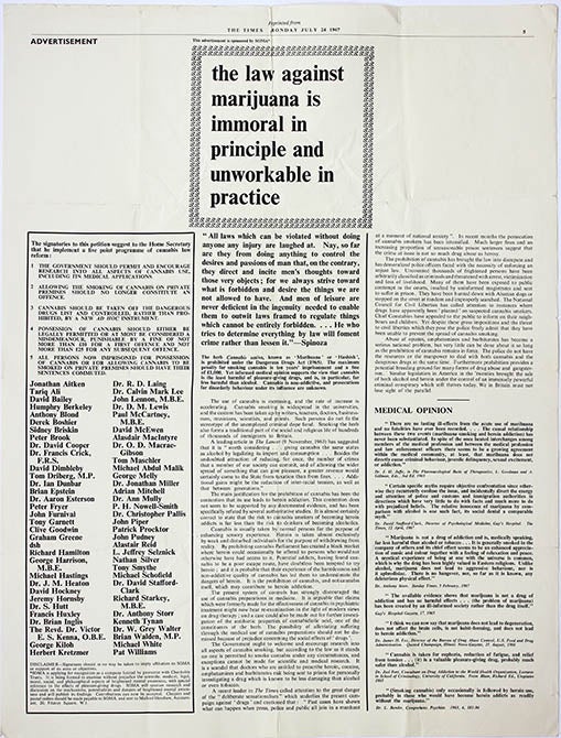 Item #39661 A full-size offprint from The Times, dated July 24, 1967, printing Steve Abrams’ SOMA-sponsored advertisement, headlined “The Law Against Marijuana is Immoral in Principle and Unworkable in Practice”. SOMA.