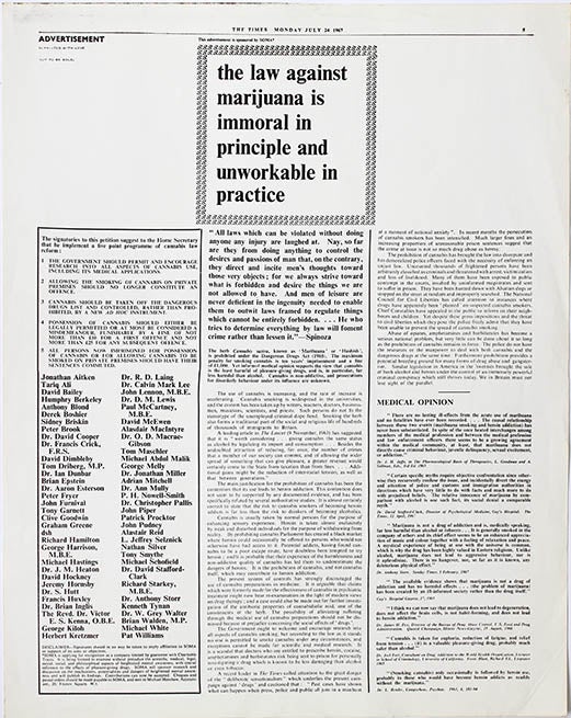 Item #39662 A reprint of the SOMA-sponsored July 24, 1967 advertisement from The Times, headlined “The Law Against Marijuana is Immoral in Principle and Unworkable in Practice”, stating “reprinted with love” and “not to be sold”. SOMA.