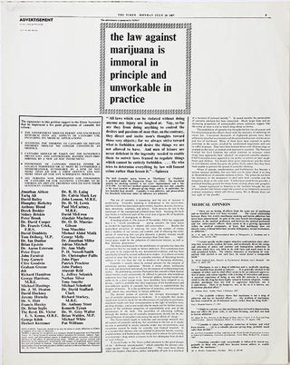A reprint of the SOMA-sponsored July 24, 1967 advertisement from The Times, headlined “The Law Against Marijuana is Immoral in Principle and Unworkable in Practice”, stating “reprinted with love” and “not to be sold”.
