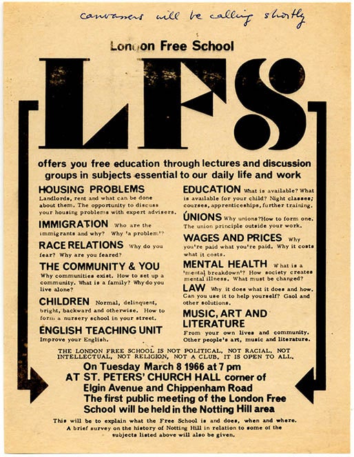 Item #39686 FLYER FOR THE FIRST PUBLIC MEETING OF THE LONDON FREE SCHOOL, St. Peters’ Church Hall, Elgin Avenue, Tuesday March 8, 1966.