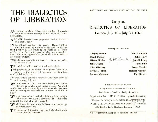 Item #39688 A group of documents from the Congress of the Dialectics of Liberation, held at the Roundhouse in Chalk Farm, north London between July 15-30, 1967. DIALECTICS OF LIBERATION.