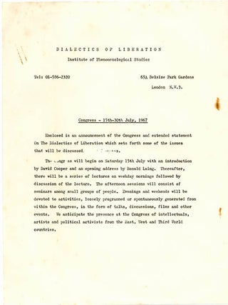 A group of documents from the Congress of the Dialectics of Liberation, held at the Roundhouse in Chalk Farm, north London between July 15-30, 1967.