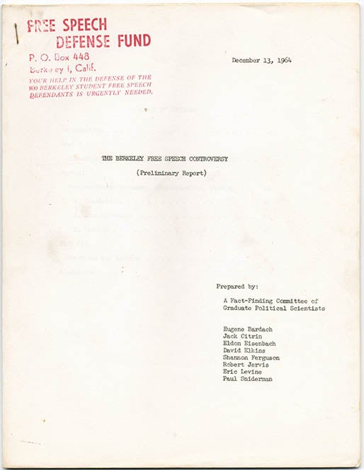 Item #39693 The Berkeley Free Speech Controversy (Preliminary Report). Prepared by: A Fact-Finding Committee of Graduate Political Scientists - Eugene Bardach [and seven others]. FREE SPEECH MOVEMENT.