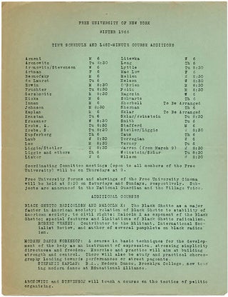 FREE UNIVERSITY OF NEW YORK. A group of nine semester catalogues, beginning Fall 1965 through to Winter (January) 1968.