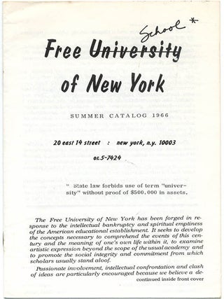 FREE UNIVERSITY OF NEW YORK. A group of nine semester catalogues, beginning Fall 1965 through to Winter (January) 1968.