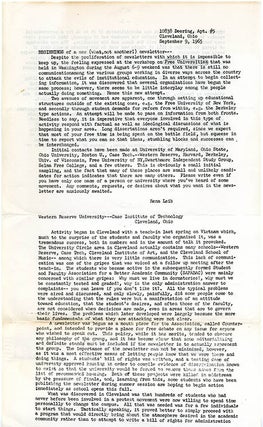 FREE UNIVERSITY NEWSLETTER. Untitled (Cleveland, OH: September 9, 1965).