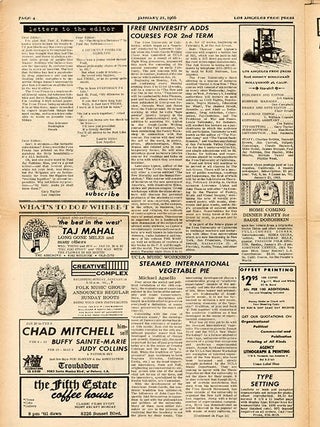 FREE UNIVERSITY OF CALIFORNIA. A two-column article on the Free University of California in LOS ANGELES FREE PRESS #79 (January 21, 1966) + qtr. page ad. (plus two further issues).