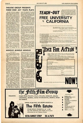 FREE UNIVERSITY OF CALIFORNIA. A two-column article on the Free University of California in LOS ANGELES FREE PRESS #79 (January 21, 1966) + qtr. page ad. (plus two further issues).