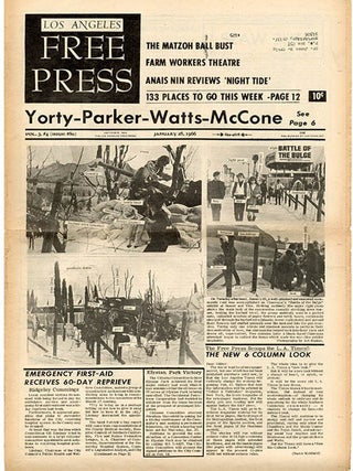 FREE UNIVERSITY OF CALIFORNIA. A two-column article on the Free University of California in LOS ANGELES FREE PRESS #79 (January 21, 1966) + qtr. page ad. (plus two further issues).