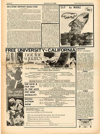 FREE UNIVERSITY OF CALIFORNIA. A two-column article on the Free University of California in LOS ANGELES FREE PRESS #79 (January 21, 1966) + qtr. page ad. (plus two further issues).