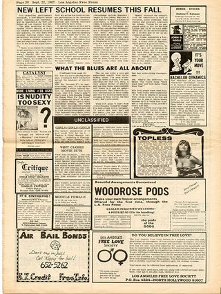 THE NEW LEFT SCHOOL OF LOS ANGELES. An article announcing the launch of “a new-fangled notion about learning - and teaching”, coordinated by Pierre Mandel, including “courses in Watts and other Black communties and in the Spanish-speaking east side”, in LOS ANGELES FREE PRESS #166 (September 22, 1967) + one further issue.