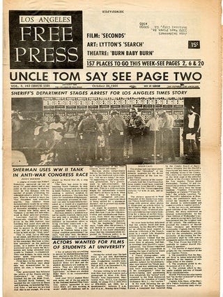 THE NEW LEFT SCHOOL OF LOS ANGELES. An article announcing the launch of “a new-fangled notion about learning - and teaching”, coordinated by Pierre Mandel, including “courses in Watts and other Black communties and in the Spanish-speaking east side”, in LOS ANGELES FREE PRESS #166 (September 22, 1967) + one further issue.