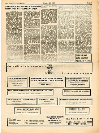 THE NEW LEFT SCHOOL OF LOS ANGELES. An article announcing the launch of “a new-fangled notion about learning - and teaching”, coordinated by Pierre Mandel, including “courses in Watts and other Black communties and in the Spanish-speaking east side”, in LOS ANGELES FREE PRESS #166 (September 22, 1967) + one further issue.