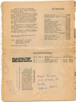 THE UNIVERSITY FOR MAN. A group of five semester catalogues from the Free University in Manhattan, Kansas: