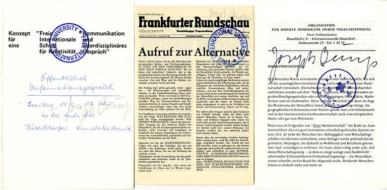 Item #39720 FREE INTERNATIONAL UNIVERSITY FOR CREATIVITY AND INTER-DISCIPLINARY RESEARCH. Two pamphlets produced by the Free International University (an open university co-founded by Joseph Beuys in Düsseldorf in 1973), together with a third pamphlet, “Organisation für direkte Demokratie”.