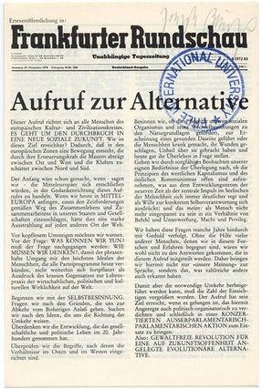 FREE INTERNATIONAL UNIVERSITY FOR CREATIVITY AND INTER-DISCIPLINARY RESEARCH. Two pamphlets produced by the Free International University (an open university co-founded by Joseph Beuys in Düsseldorf in 1973), together with a third pamphlet, “Organisation für direkte Demokratie”.