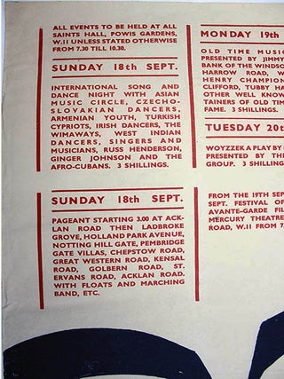 NOTTING HILL FESTIVAL. An original poster announcing the London Free School Notting Hill Festival, September 18-25, 1966.