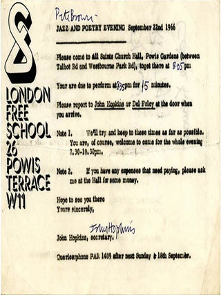 Item #39727 JAZZ AND POETRY EVENING. A London Free School flyer announcing a Jazz and Poetry...