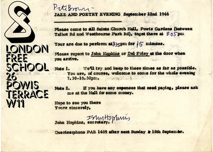 Item #39727 JAZZ AND POETRY EVENING. A London Free School flyer announcing a Jazz and Poetry Evening at All Saints Church Hall on September 22, 1966, part of the first Notting Hill Festival.