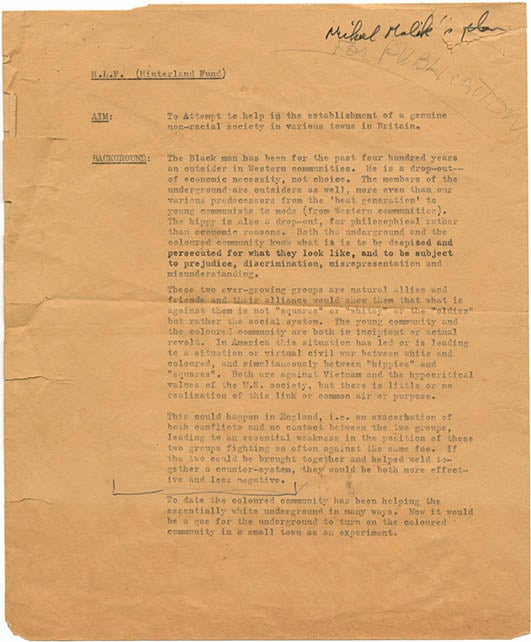 Item #39733 H.L.F. (Hinterland Fund). Typed manuscript by Michael Abdul Malik in which he sets out his ideas for “an economically and socially viable counter-system within the system of a real non-racial community.”