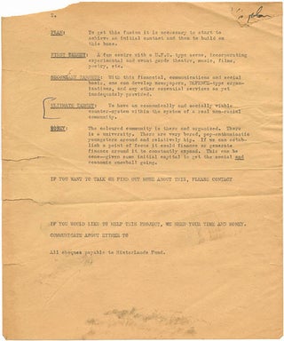 H.L.F. (Hinterland Fund). Typed manuscript by Michael Abdul Malik in which he sets out his ideas for “an economically and socially viable counter-system within the system of a real non-racial community.”