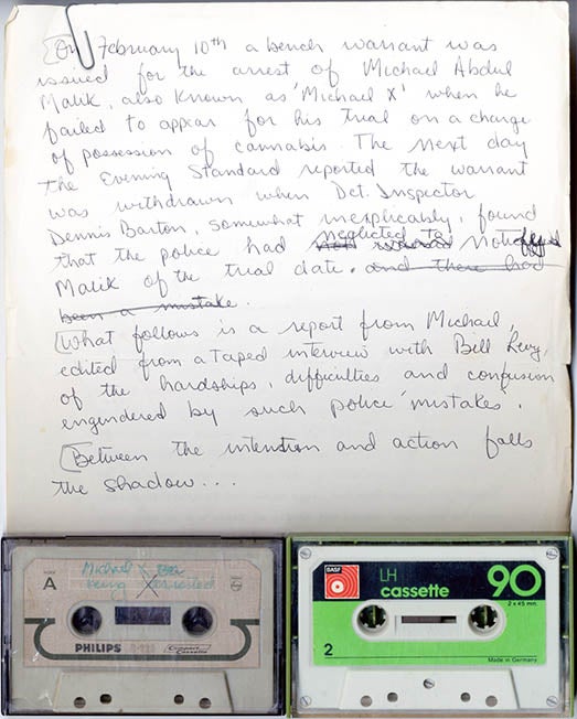 Item #39742 AUDIO RECORDING. A cassette tape recording of Michael Abdul Malik speaking to Bill Levy, recorded on February 11, 1969, probably at the Arts Lab + recording of a 3-way conversation between Malik, Levy and Tod Lloyd.