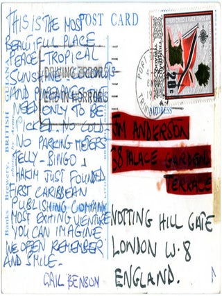 Item #39744 Autograph postcard sent from Gale Benson in Port of Spain, Trinidad to Oz magazine...