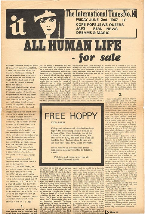 Item #39759 “All Human Life - for sale”, a front page cover story by Michael X in INTERNATIONAL TIMES #14 (London: June 2, 1967), with photo by Horace Ové (who also contributes a second part).