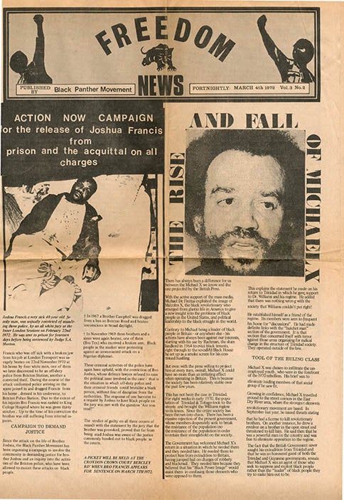 Item #39775 “The Rise and Fall of Michael X” front page story in FREEDOM NEWS published by Black Panther Movement Vol. 3, #2 (Np. [London]: March 4, 1972).