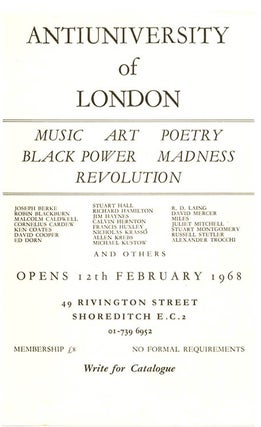 Item #39793 A small flyer announcing the opening of the Anti-University of London, February 12, 1968
