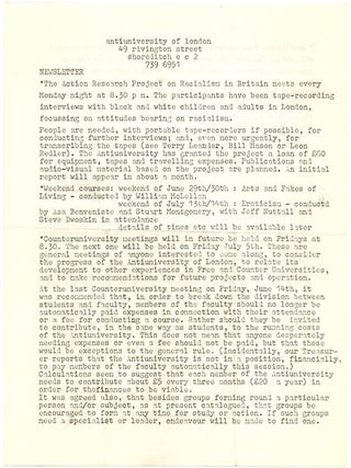 A group of thirteen flyers and documents issued by the Anti-University of London, most of them mimeographed, c. January - August, 1968.