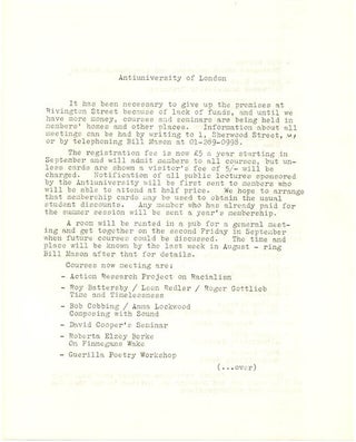 A group of thirteen flyers and documents issued by the Anti-University of London, most of them mimeographed, c. January - August, 1968.