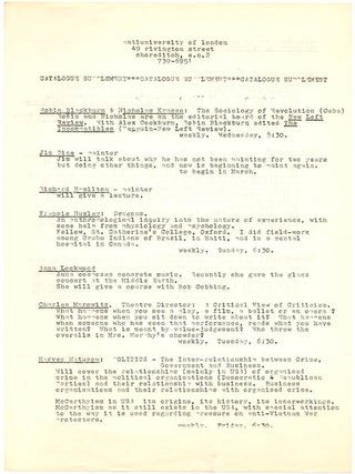 A group of thirteen flyers and documents issued by the Anti-University of London, most of them mimeographed, c. January - August, 1968.