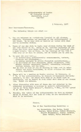 A group of thirteen flyers and documents issued by the Anti-University of London, most of them mimeographed, c. January - August, 1968.