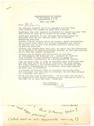 A group of thirteen flyers and documents issued by the Anti-University of London, most of them mimeographed, c. January - August, 1968.