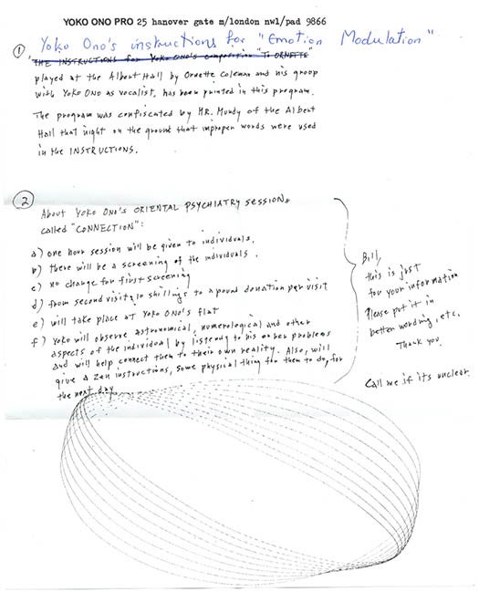 Item #39796 Holograph manuscript relating to “The Connection”, the title of the course given by Yoko Ono at the Anti-University of London. Yoko ONO.