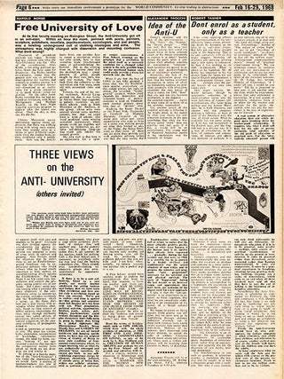 “Three Views on the Anti-University” from Harold Norse, Alexander Trocchi and Robert Tasher (of the The Badge Boutique in Notting Hill), in IT #26 (London: February 16, 1968).