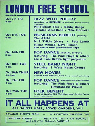 Item #39805 PINK FLOYD. An original London Free School poster including announcements for two...