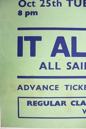 PINK FLOYD. An original London Free School poster including announcements for two ‘Pop Dances’ featuring The Pink Floyd at All Saints Hall, Notting Hill, on October 14 and 21, 1966.