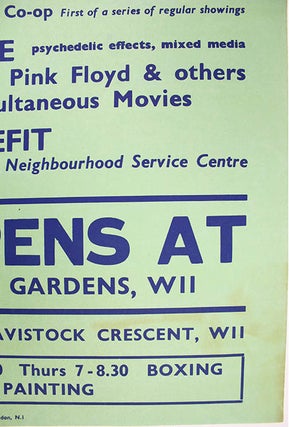 PINK FLOYD. An original London Free School poster including announcements for two ‘Pop Dances’ featuring The Pink Floyd at All Saints Hall, Notting Hill, on October 14 and 21, 1966.