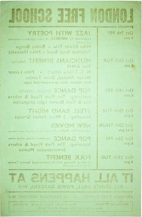 PINK FLOYD. An original London Free School poster including announcements for two ‘Pop Dances’ featuring The Pink Floyd at All Saints Hall, Notting Hill, on October 14 and 21, 1966.