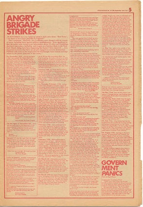 “Blow Up”, an extensive 3pp. cover story on the Angry Brigade, including a chronology and a photograph of Brixton Prison by Captain Snaps (Joe Stevens), in FRENDZ #10 (London: September 16, 1971).