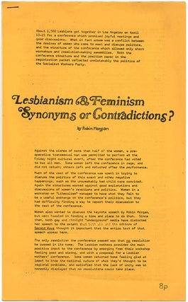 Item #39855 Lesbianism & Feminism: Synonyms or Contradictions? Robin FEMINISM. MORGAN