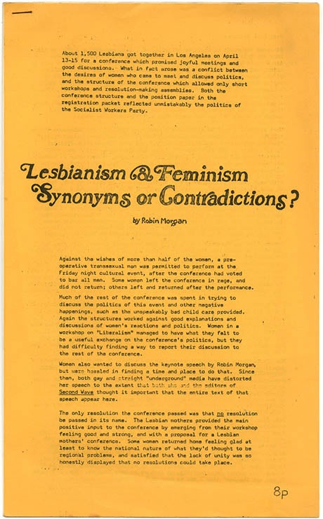 Item #39855 Lesbianism & Feminism: Synonyms or Contradictions? Robin FEMINISM. MORGAN.