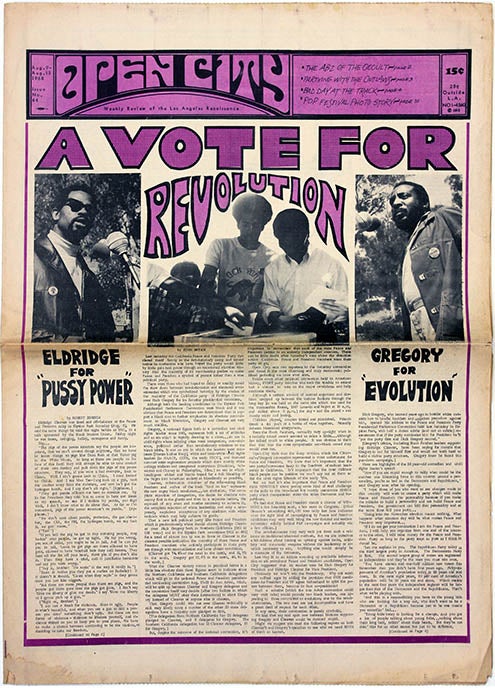 Item #39861 “A Vote for Revolution”, a front cover story by John Bryan (and others) on the Peace and Freedom Party rally held in Elysian Park, featuring speakers Eldridge Cleaver and Dick Gregory, in OPEN CITY Weekly Review of the Los Angeles Renaissance #64 (LA: August 9, 1968). PEACE AND FREEDOM PARTY.